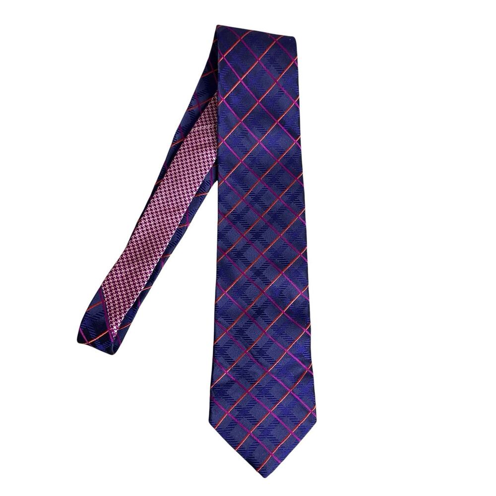 Tommy Hilfiger Neck Tie 100% Silk 2 Pattern Blue Windowpane Pink Houndstooth USA